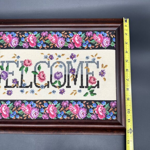 Handmade Floral Welcome Wall Hanging Framed Cross Stitch Art Granny Chic Decor - Picture 12 of 12